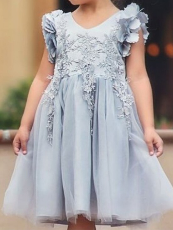 Trish Scully Other - Trish Scully Bianca Appliqué Lace Floral Gown Silver Gray Dress Size 14 Girls